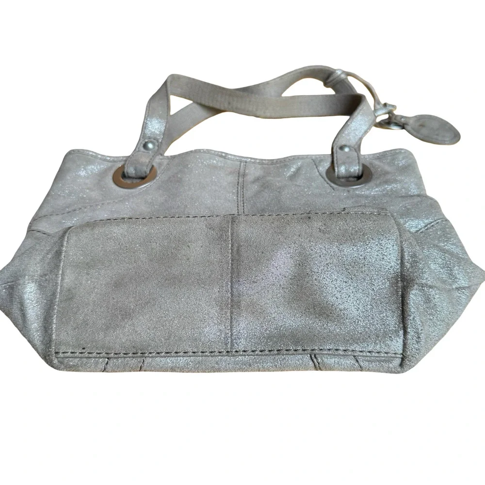 Fossil Metallic Suede Leather Double Handle Shoulder Bag Tote Purse 13x11x4